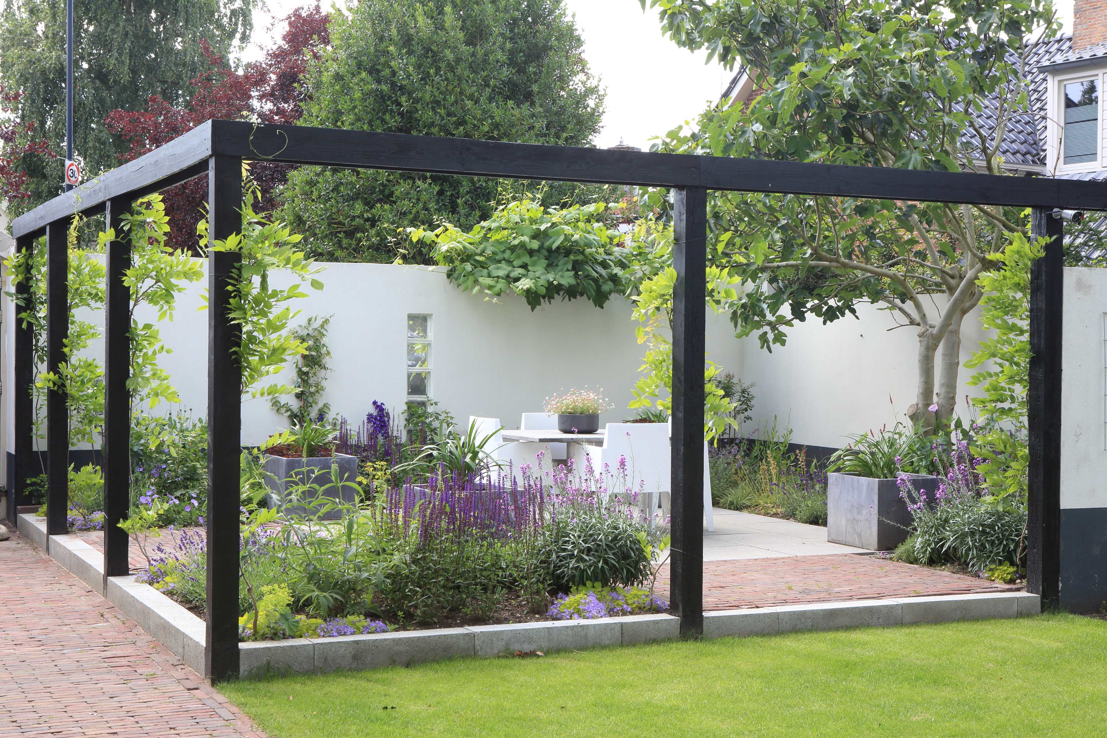 Sfeervolle binnentuin met zwarte pergola en paarse bloeiende borders