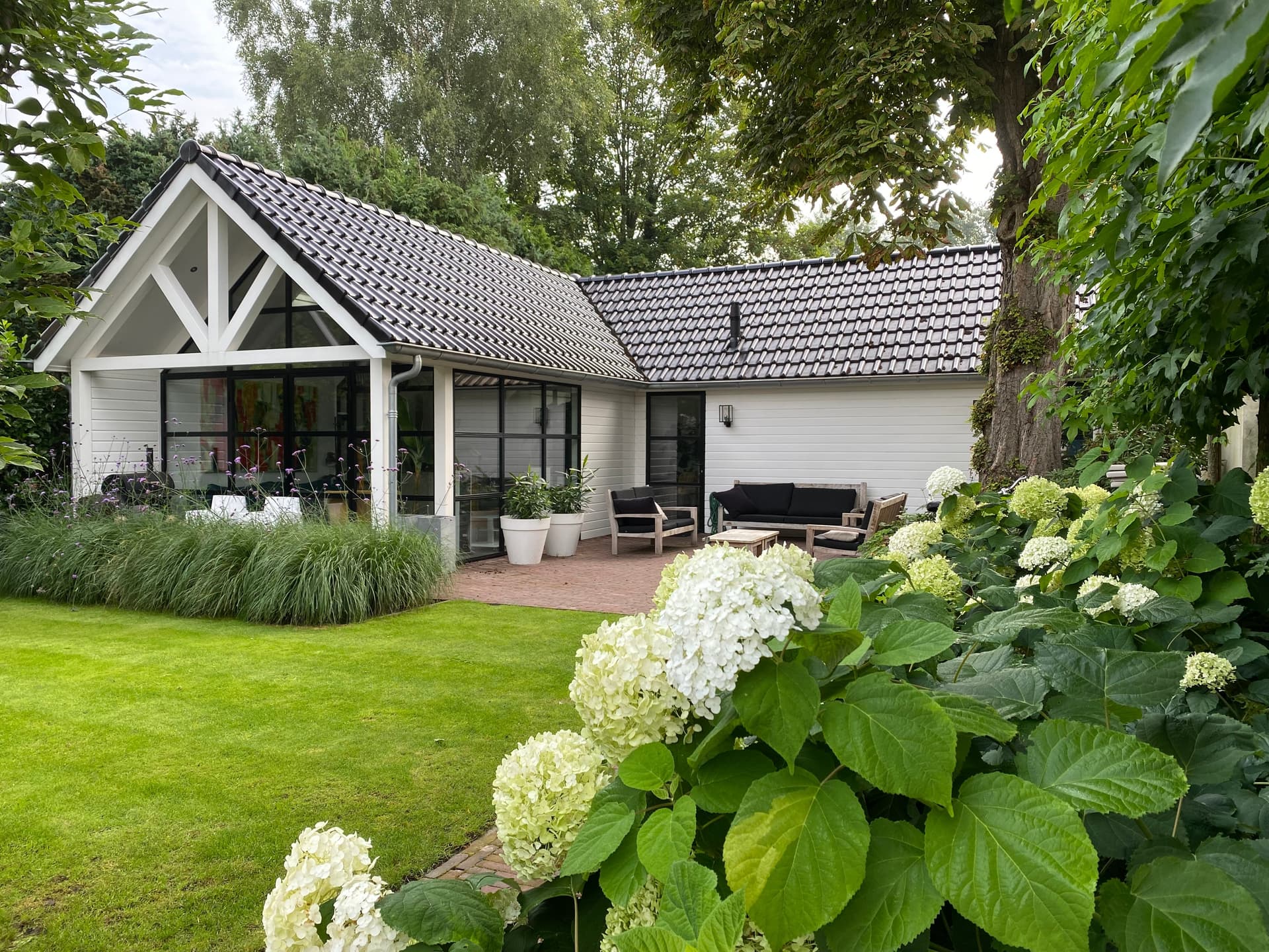 Buitenaanzicht luxe tuinhuis met zwarte stalen kozijnen en hortensia's