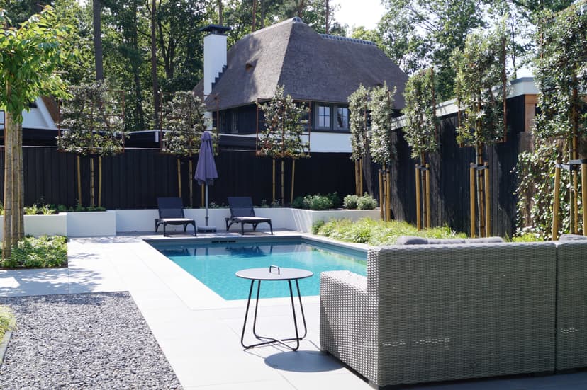 Zwembad met moderne loungestoelen, rietgedekt huis en zwarte schutting met verticale houten accenten