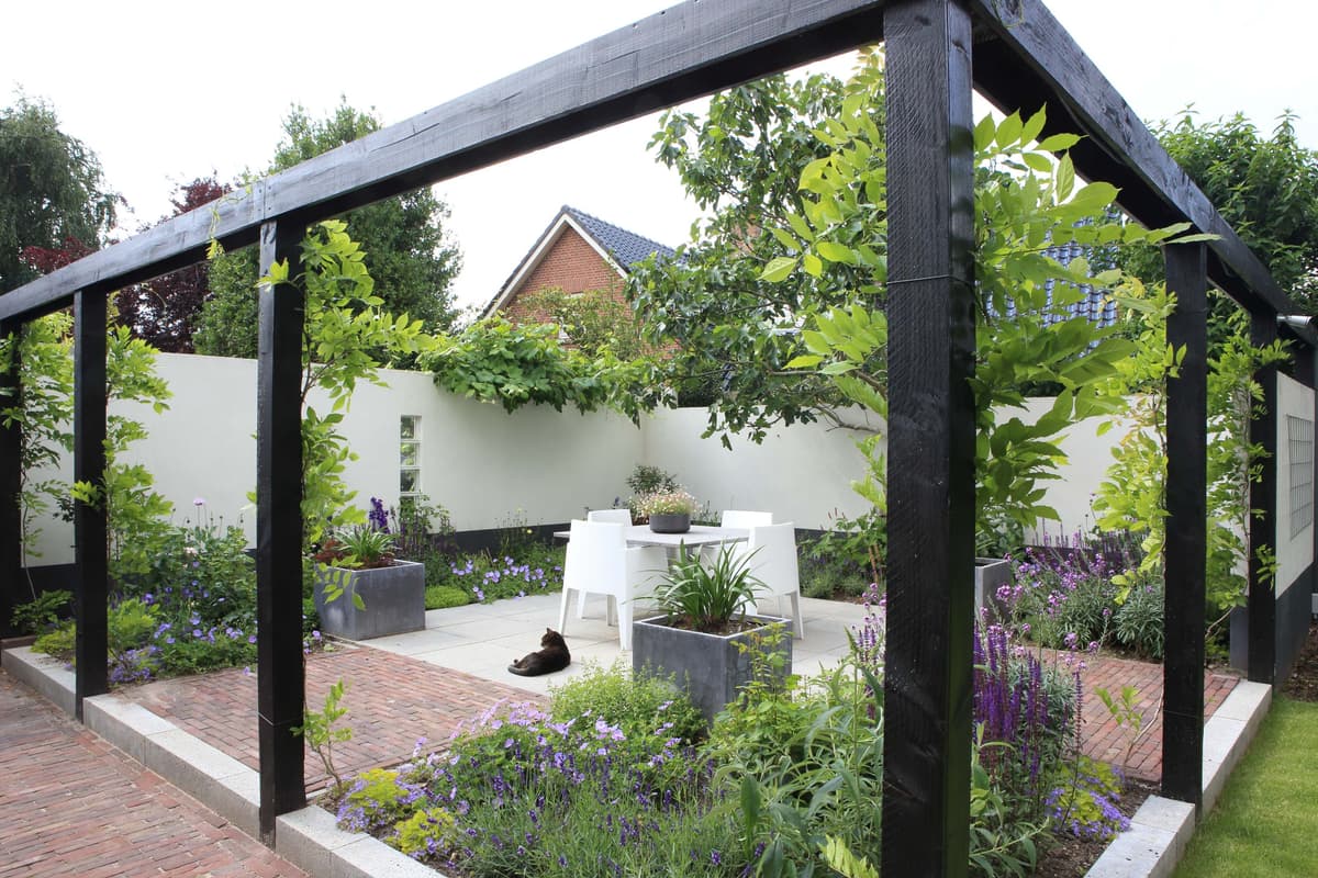 Zicht door pergola op witte zithoek met kat, omgeven door paarse bloemen