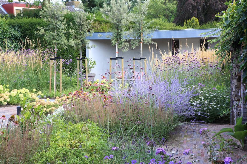 Verhoogde plantvakken met kleurrijke vaste planten langs bakstenen pad
