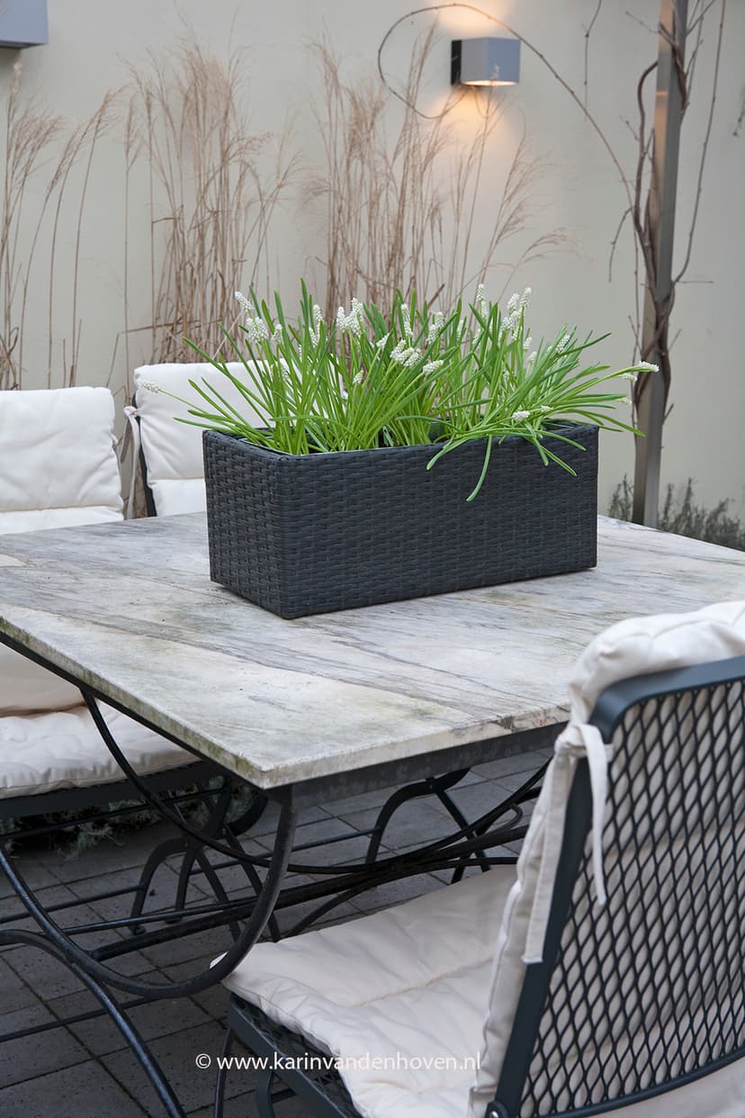 Elegante buiteneethoek met moderne meubels en siergrassen in centerpiece