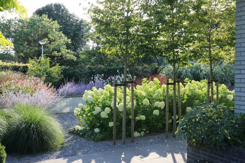 Grindpad met witte hortensia's, houten palen en gelaagde beplanting
