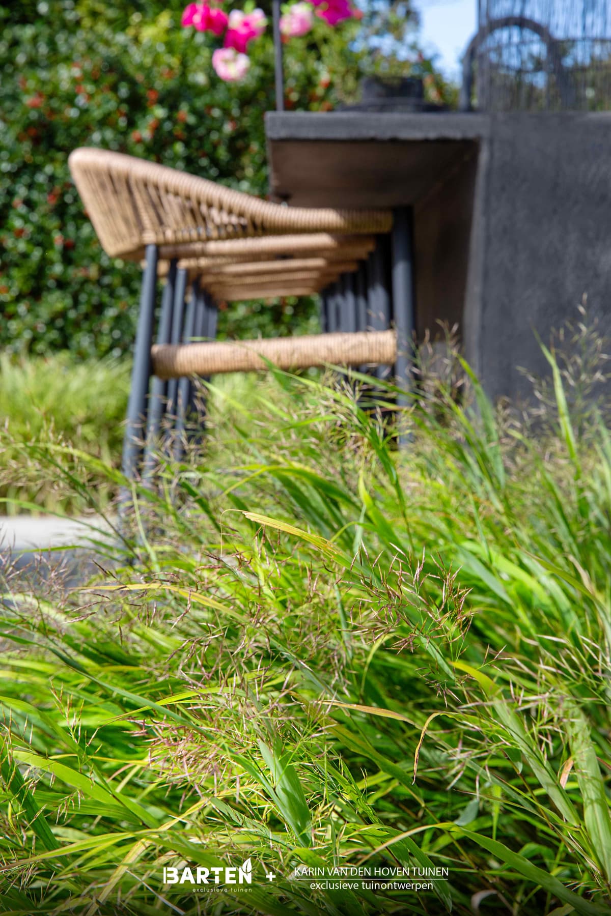 Detail siergrassen met rotan tuinstoelen en roze geraniums