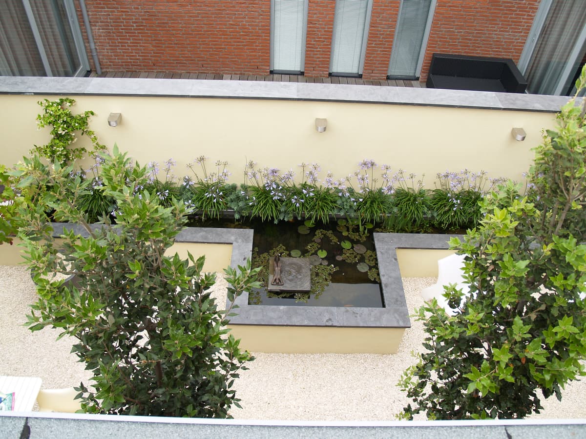Luchtfoto van boven met vijver, sculptuur en Agapanthus border